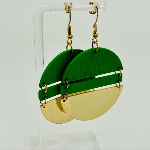 💙💚 Green or Blue Geometric Half-Moon Earrings | Modern Wood + Goldtone | - Picture 6 of 7